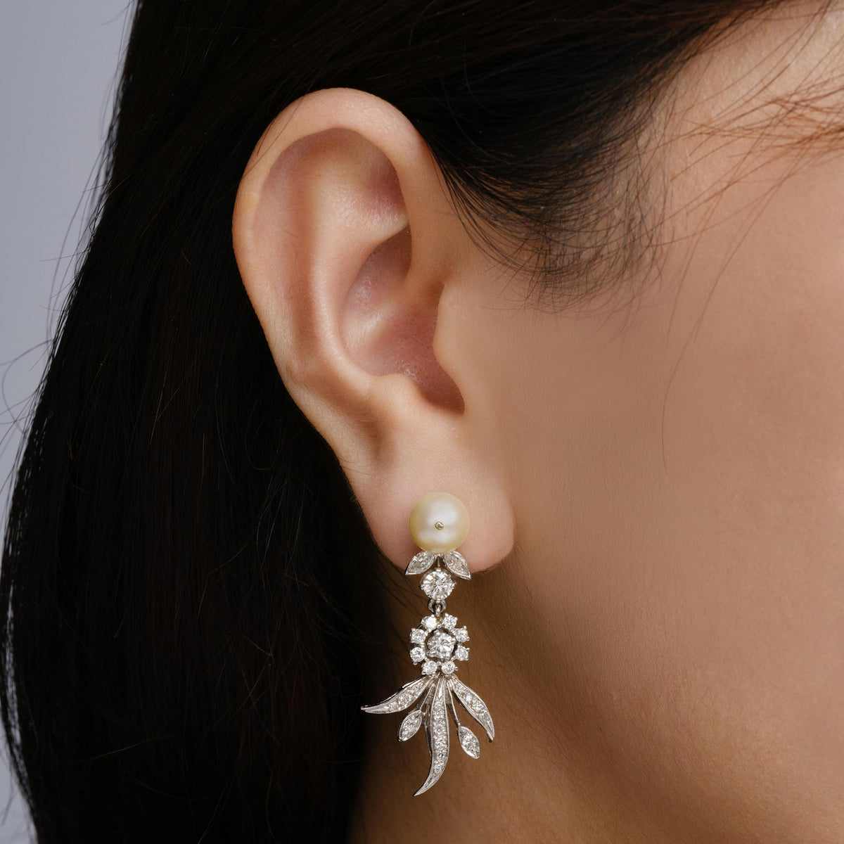 Mid Century 14k White Gold Flower, Pearl & Diamond Drop Earrings