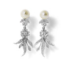 Mid Century 14k White Gold Flower, Pearl & Diamond Drop Earrings