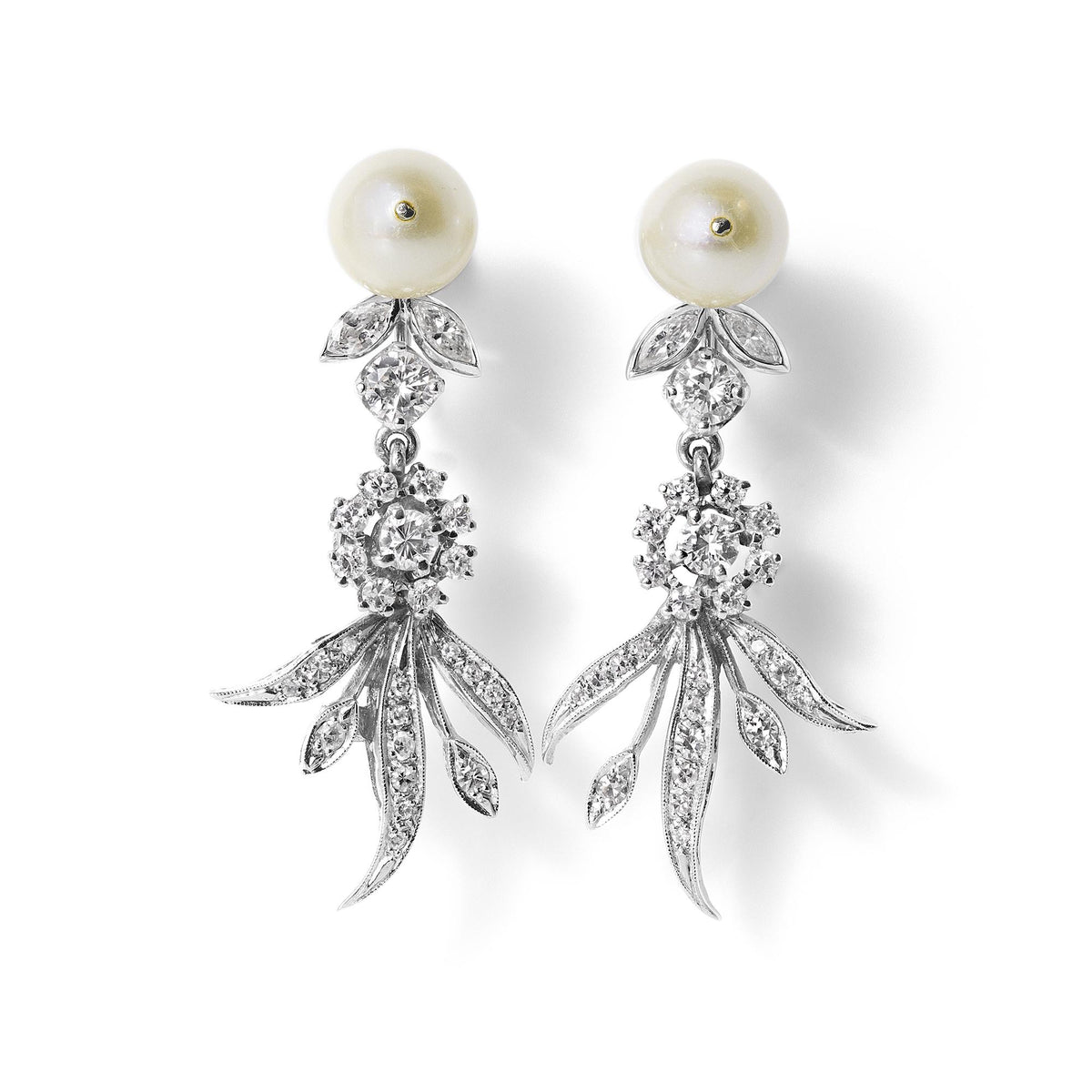 Mid Century 14k White Gold Flower, Pearl & Diamond Drop Earrings
