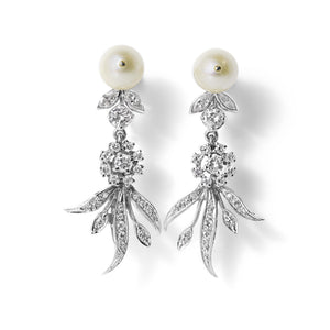 Mid Century 14k White Gold Flower, Pearl & 1.25 ct Diamond Drop Earrings