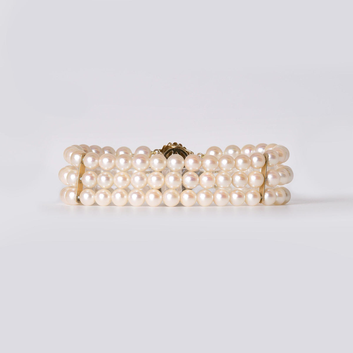 Vintage 14k Gold 3 Row Pearl Wide Triple Strand Bracelet