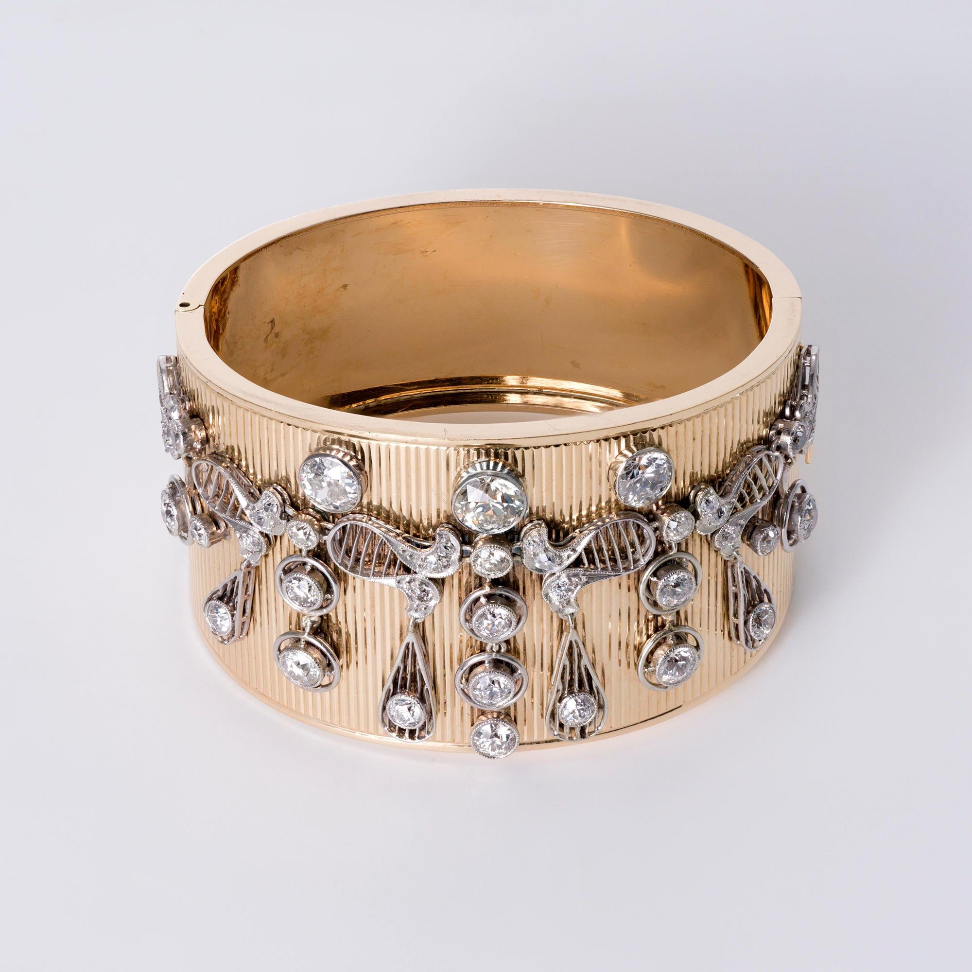 Retro 7 Carat Old European Diamond Wide Cuff Bangle Bracelet