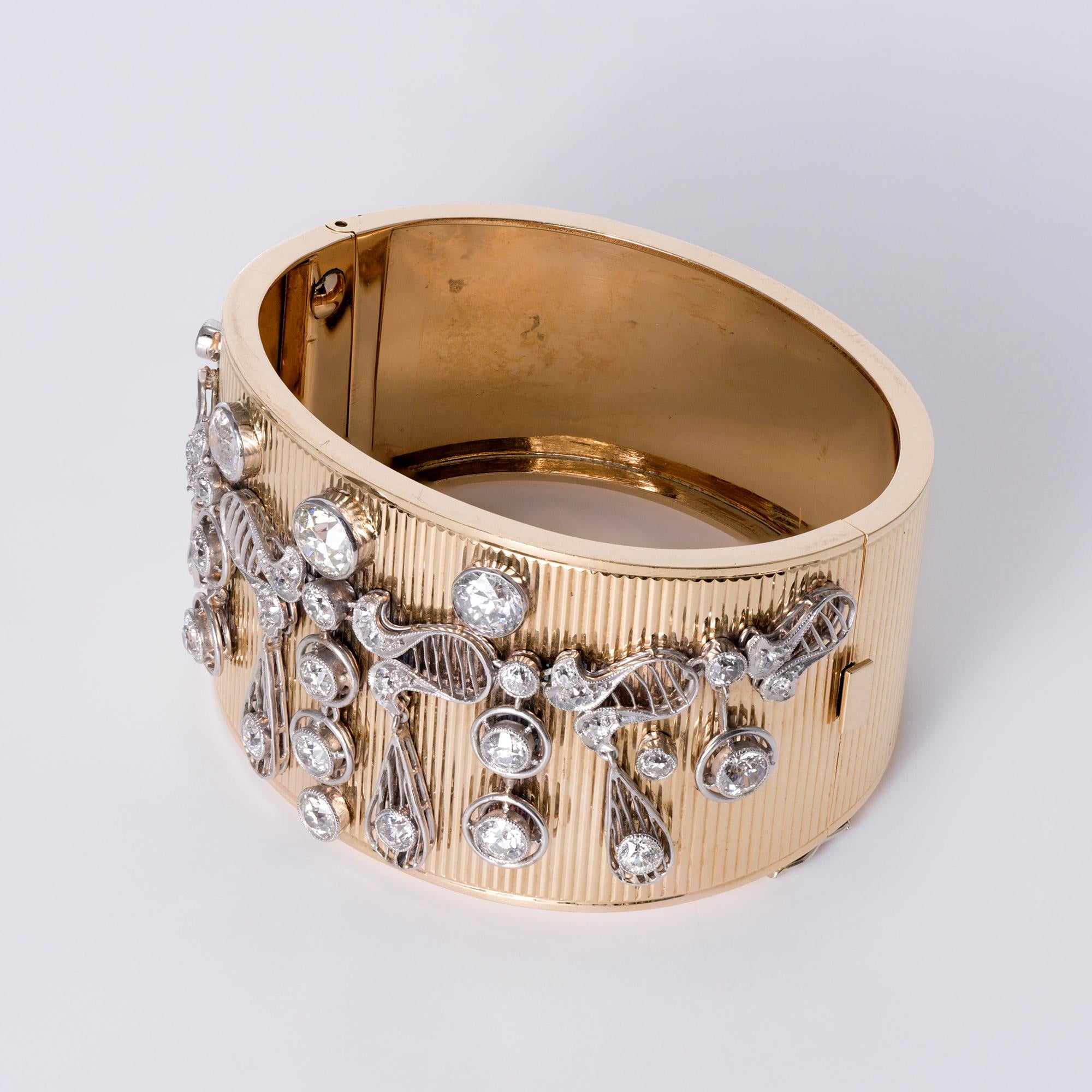 Retro 7 Carat Old European Diamond Wide Cuff Bangle Bracelet