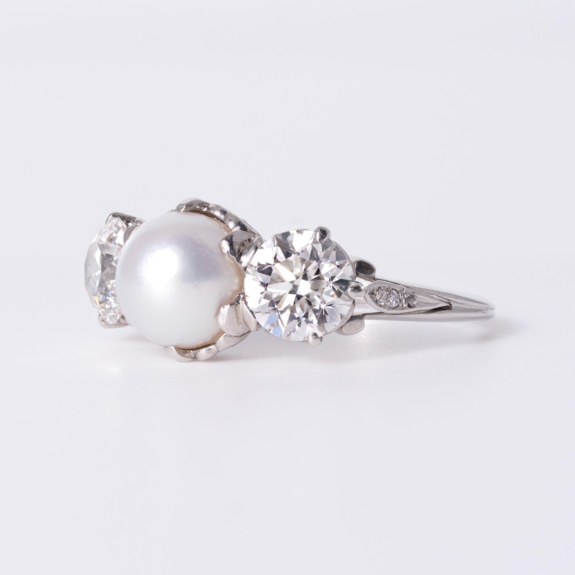 Antique Tiffany & Co Edwardian GIA Natural Pearl 3-Stone Diamond Platinum Ring