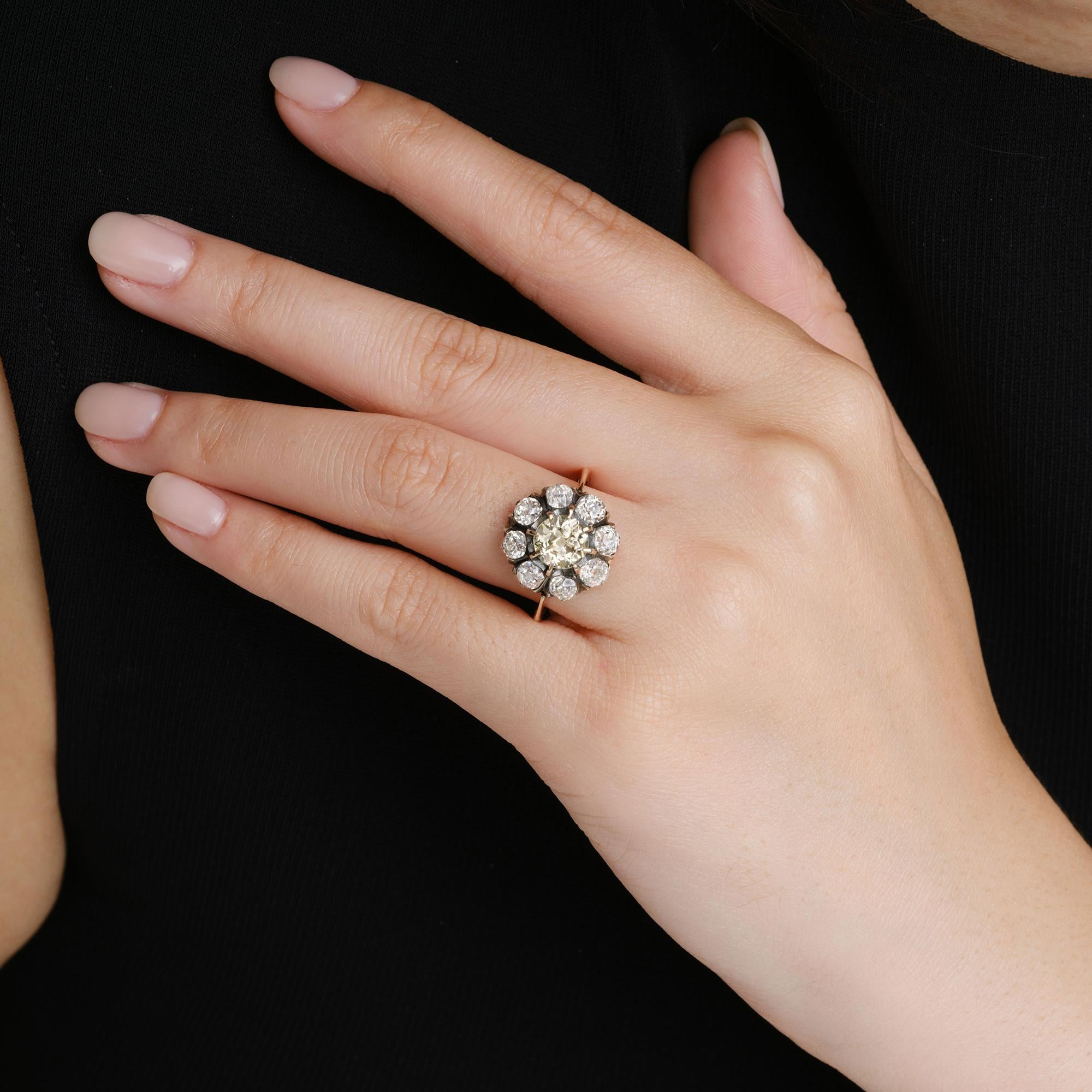 Antique Victorian 3.64CT Light Yellow Old-Mine Cut Natural Diamond Cluster Ring