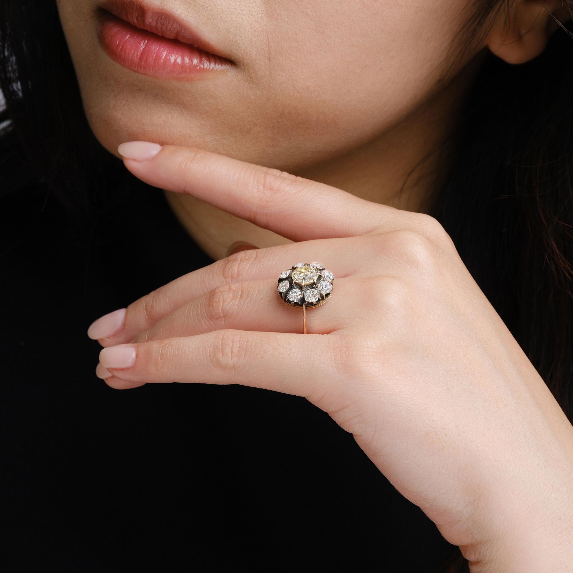 Antique Victorian 3.64CT Light Yellow Old-Mine Cut Natural Diamond Cluster Ring