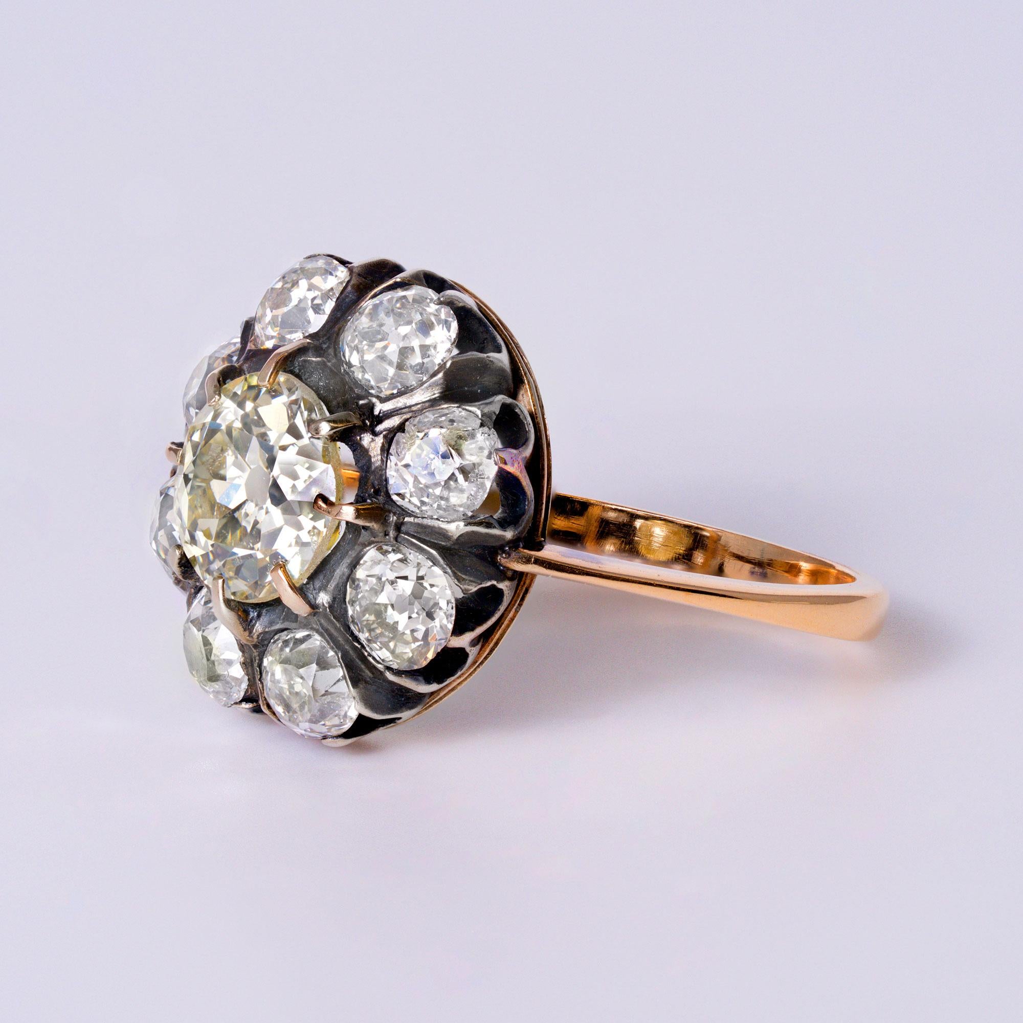 Antique Victorian 3.64CT Light Yellow Old-Mine Cut Natural Diamond Cluster Ring