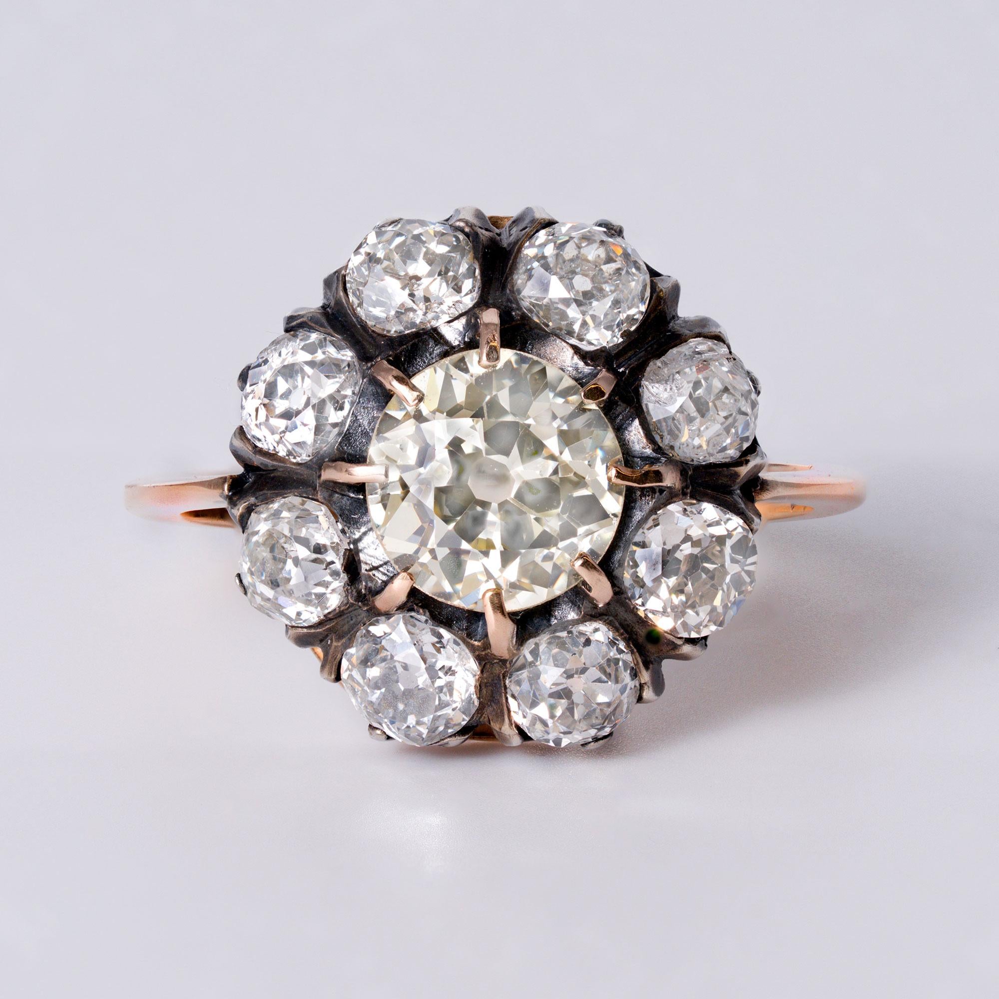 Antique Victorian 3.64CT Light Yellow Old-Mine Cut Natural Diamond Cluster Ring