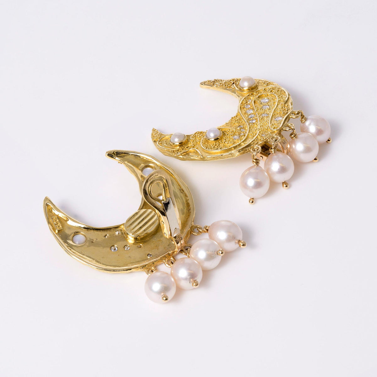 Vintage Elizabeth Gage Pearl & Diamond Half-Moon 18k Yellow Clip Earrings