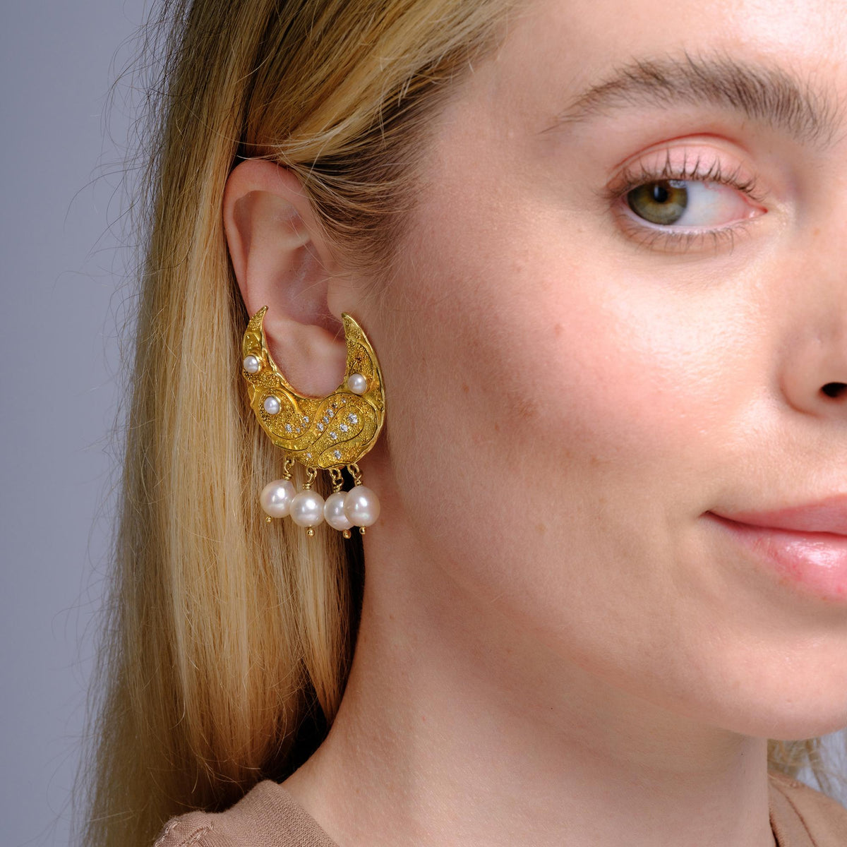 Vintage Elizabeth Gage Pearl & Diamond Half-Moon 18k Yellow Clip Earrings