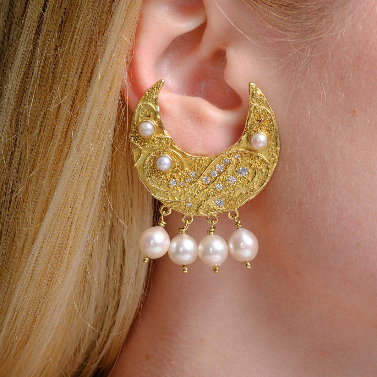 Vintage Elizabeth Gage Pearl & Diamond Half-Moon 18k Yellow Clip Earrings