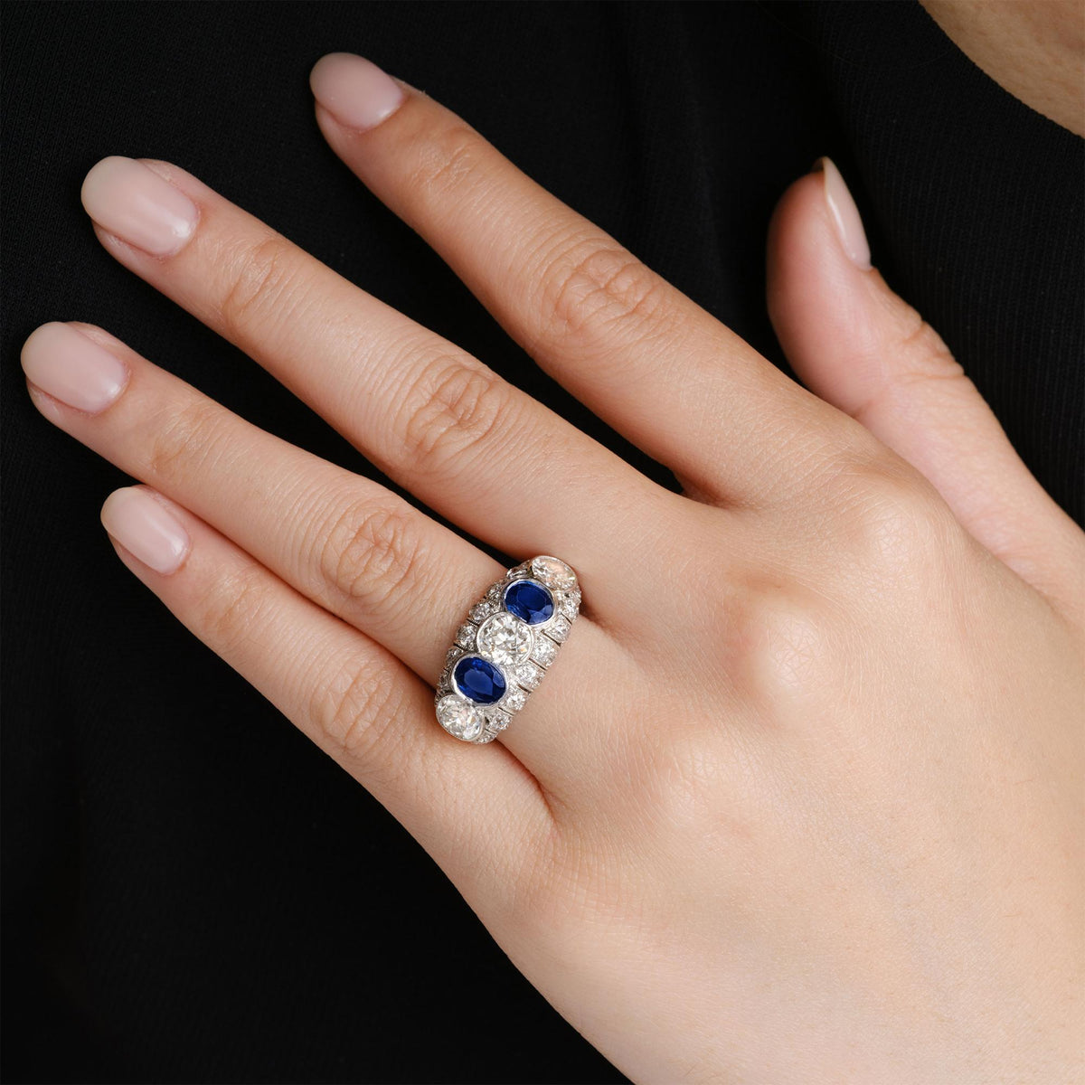 Antique Art Deco 5 Carat Domed Diamond Sapphire 5 Stone Platinum Engagement Ring