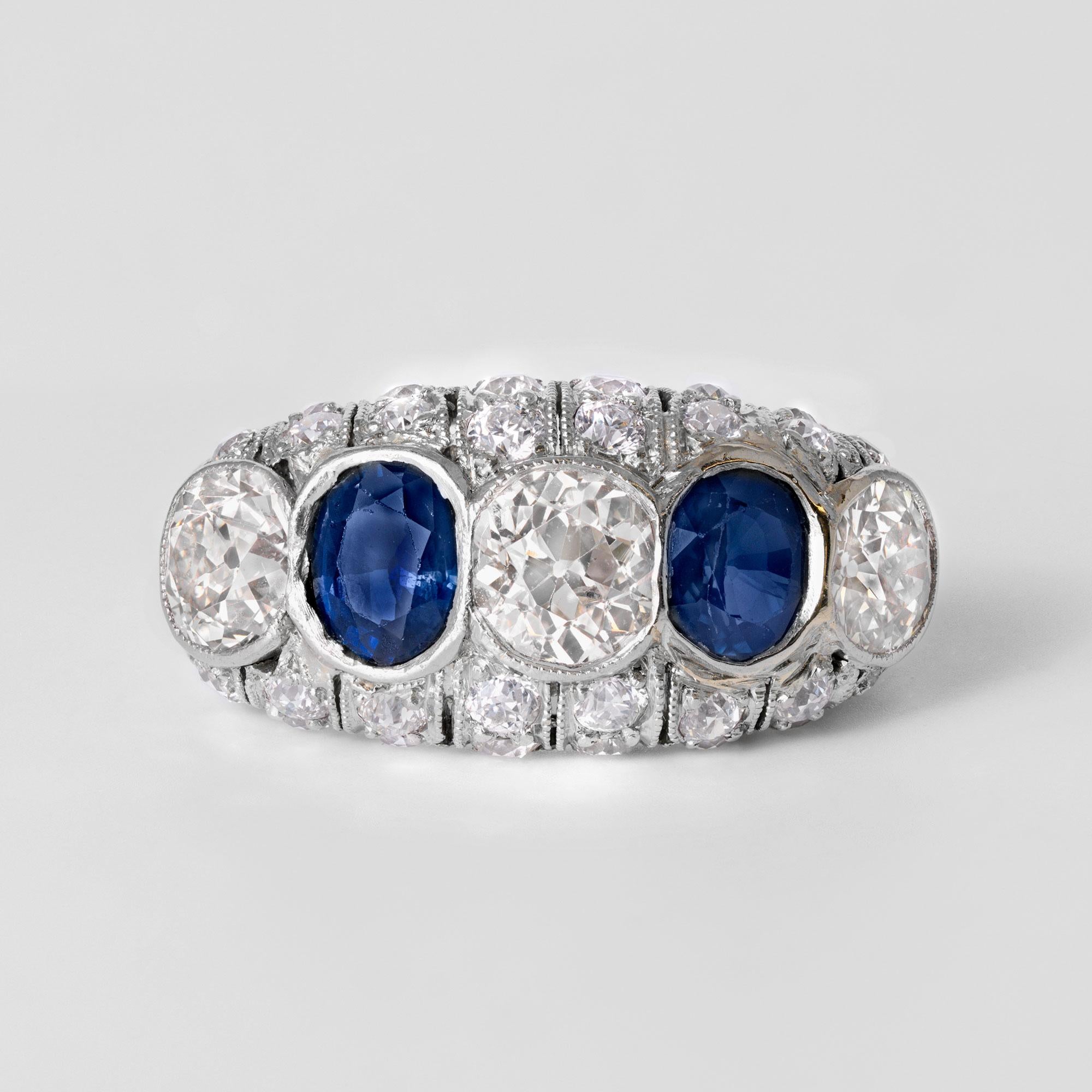 Antique Art Deco 5 Carat Domed Diamond Sapphire 5 Stone Platinum Engagement Ring