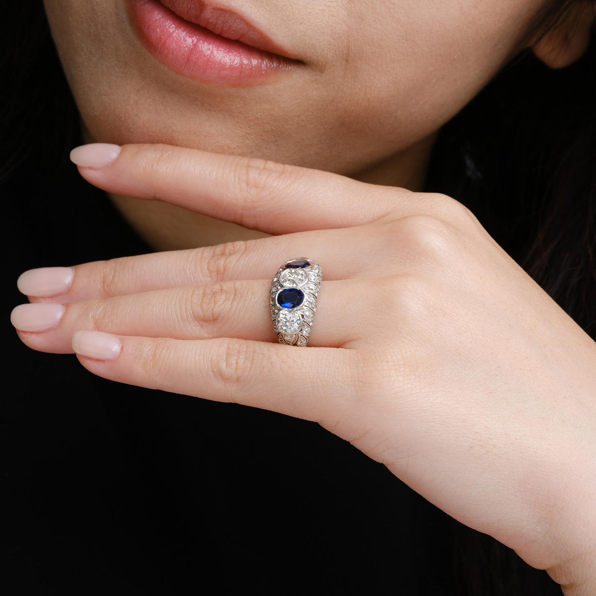 Antique Art Deco 5 Carat Domed Diamond Sapphire 5 Stone Platinum Engagement Ring