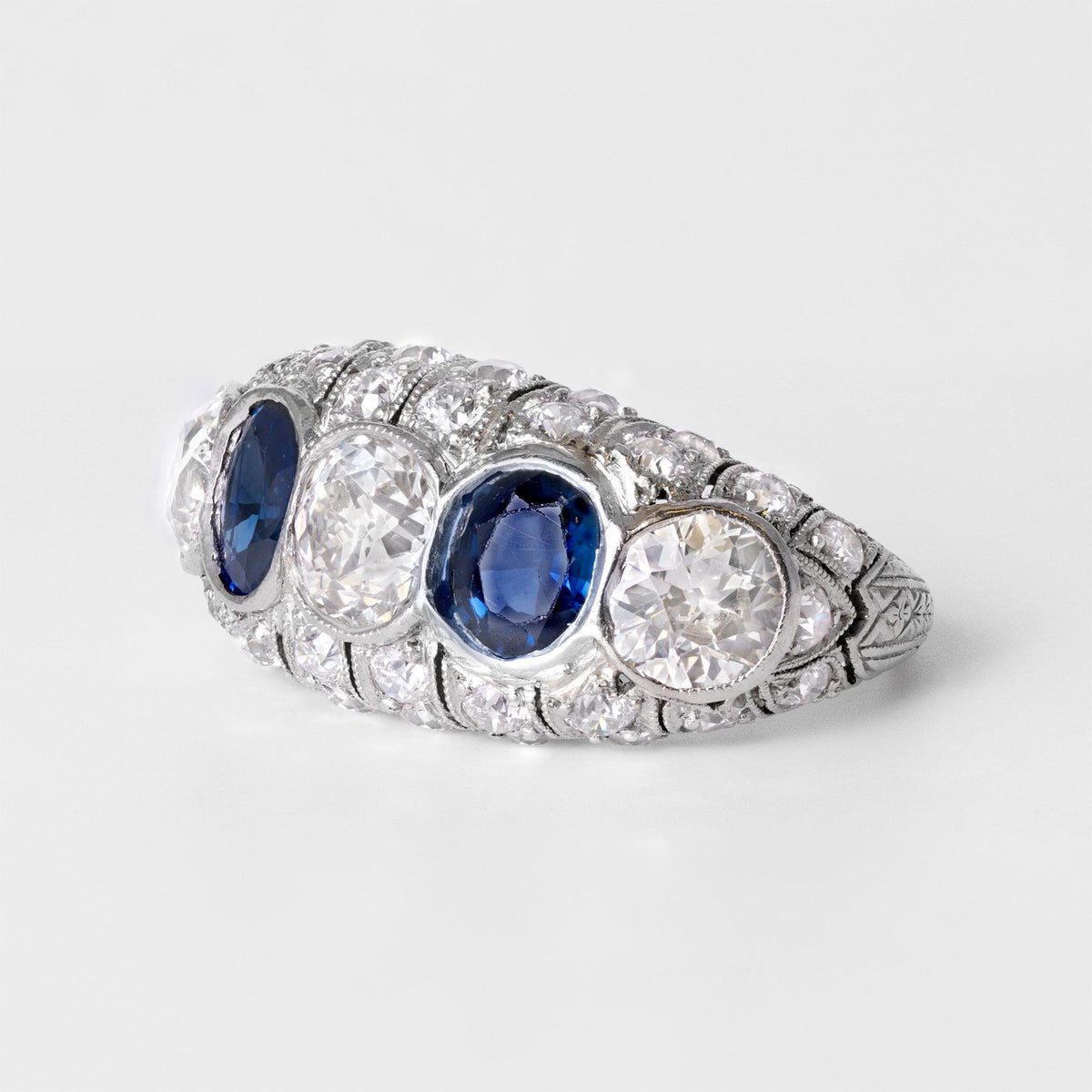 Antique Art Deco 5 Carat Domed Diamond Sapphire 5 Stone Platinum Engagement Ring