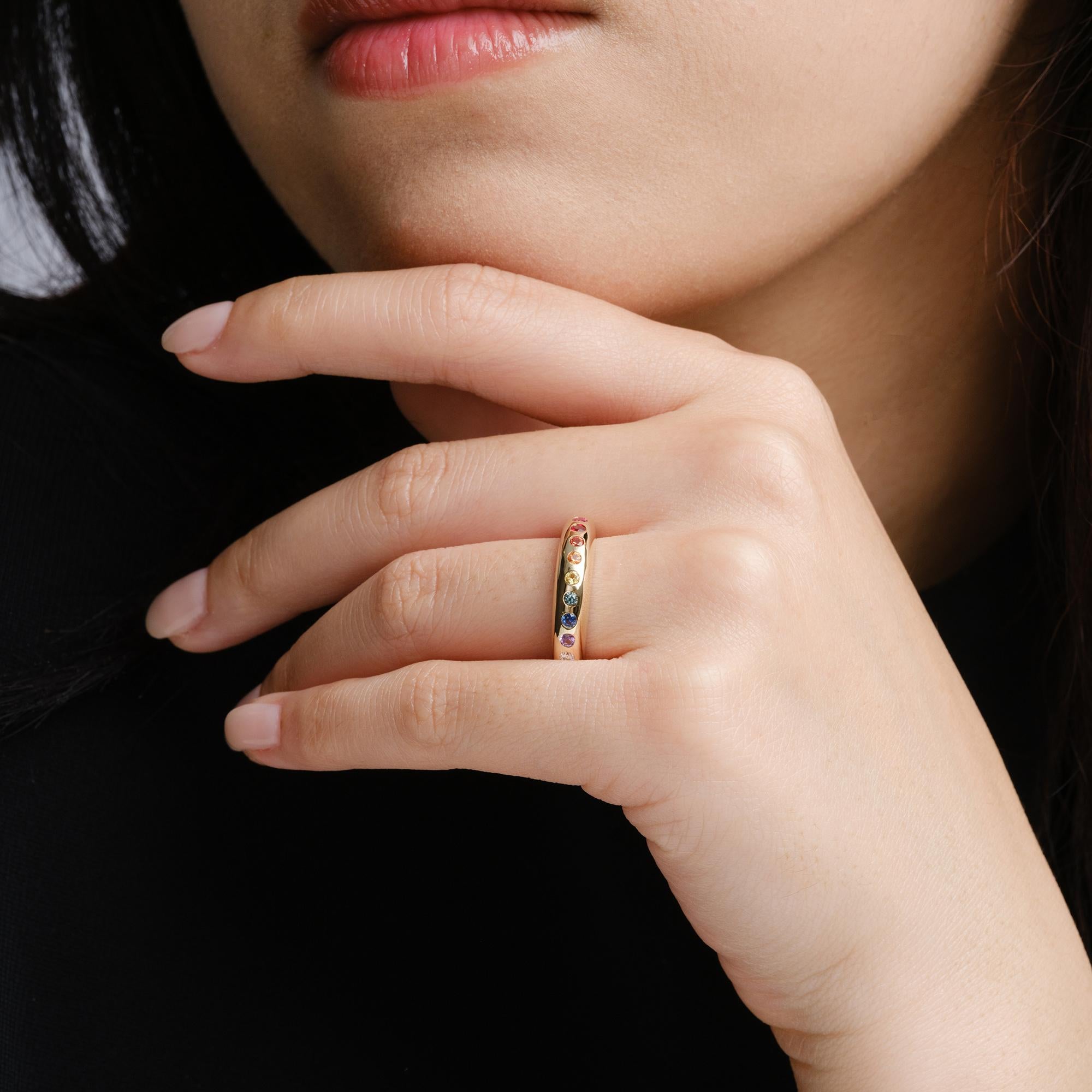 Estate Rainbow Sapphire & Diamond Yellow Gold Band Ring