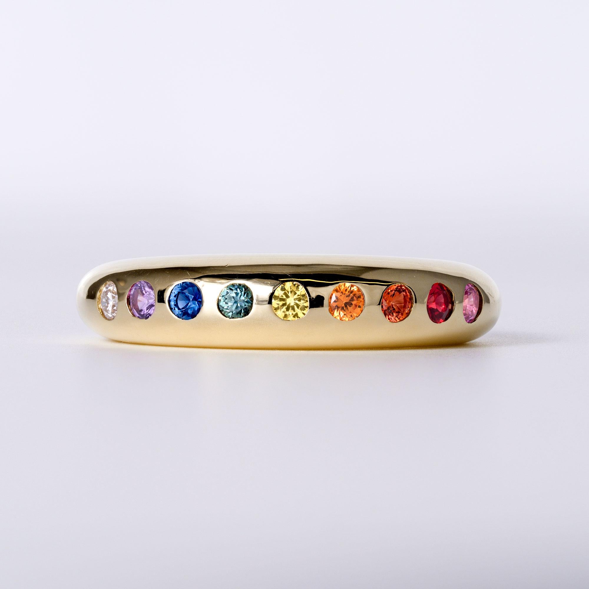 Estate Rainbow Sapphire & Diamond Yellow Gold Band Ring