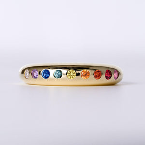 Estate Rainbow Sapphire & Diamond Yellow Gold Band Ring