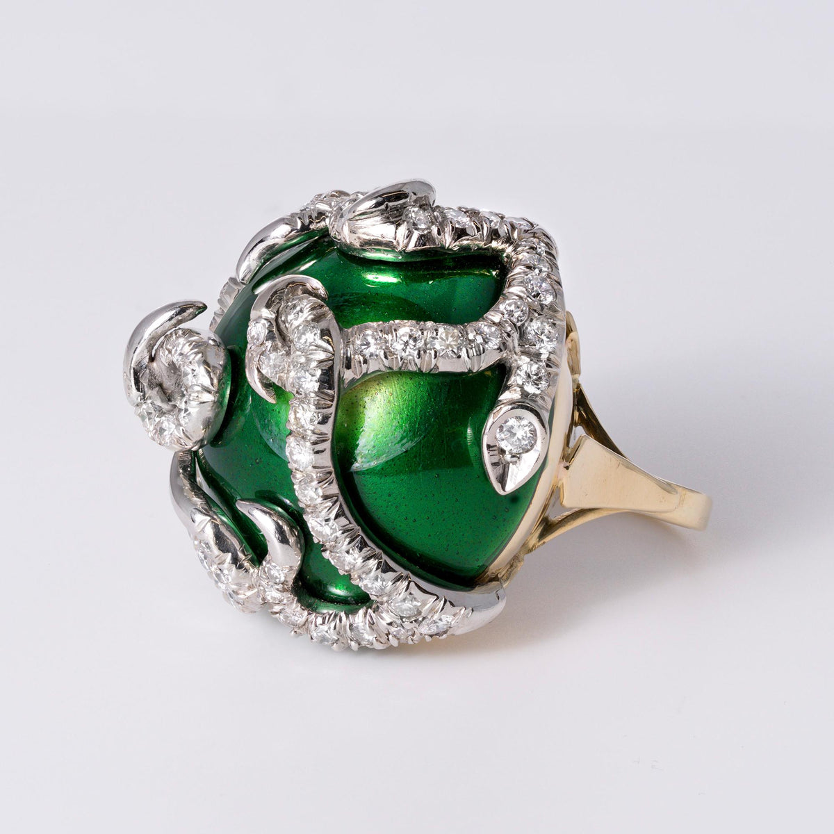 Mid-Century Medusa Diamond Green Enamel Gold Snake Dome Ring