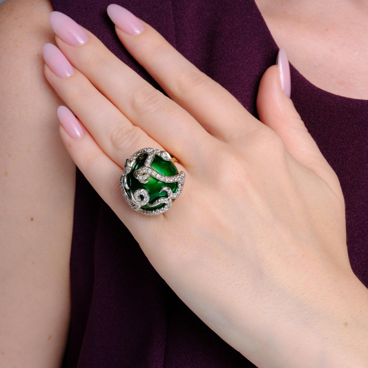 Mid-Century Medusa Diamond Green Enamel Gold Snake Dome Ring