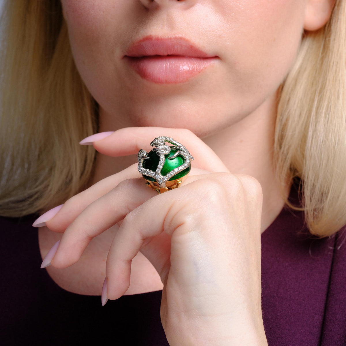 Mid-Century Medusa Diamond Green Enamel Gold Snake Dome Ring