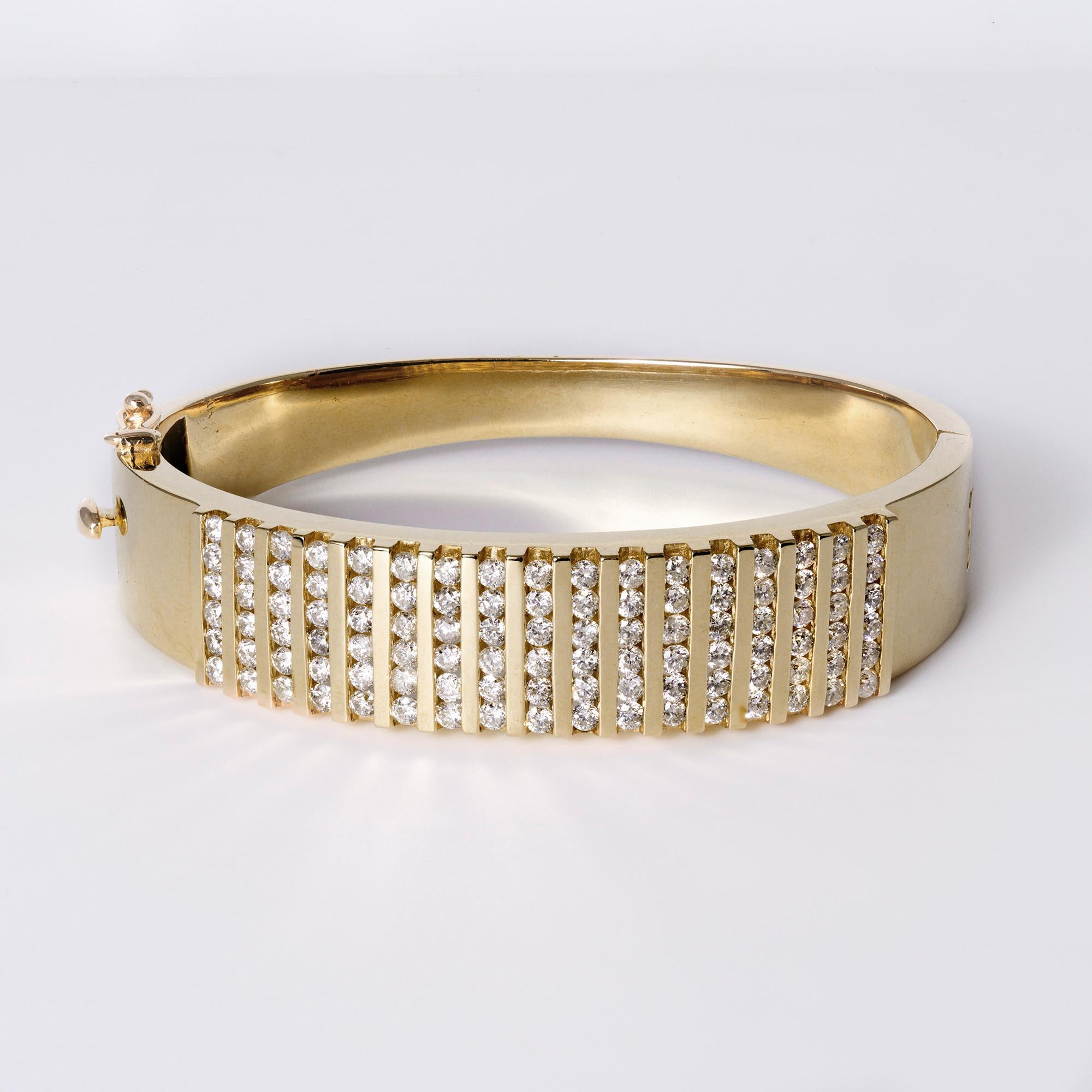 Vintage 1980s 3 Carat Diamond Chunky 14k Yellow Gold Wide Bangle Bracelet