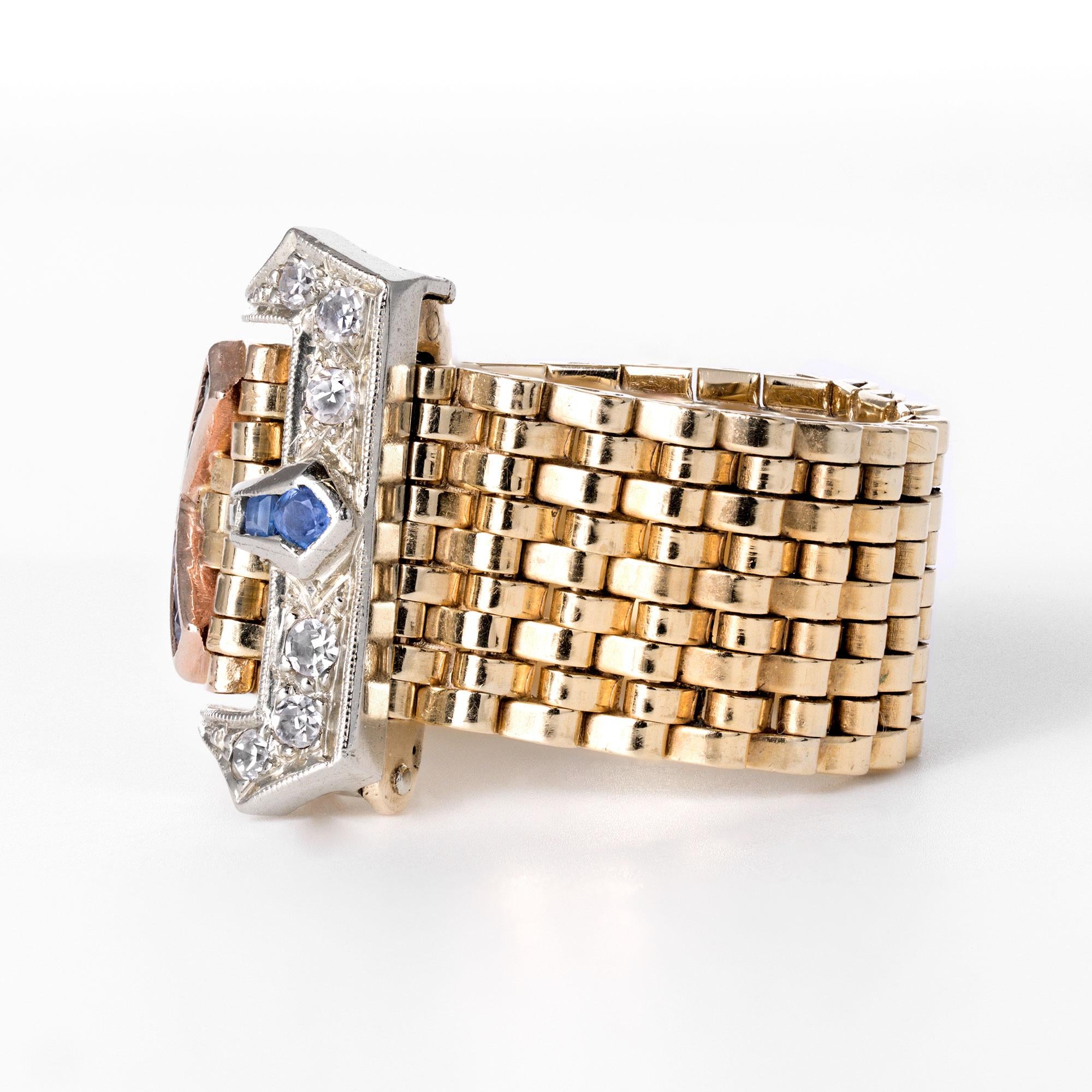Retro 1940s Tank Belt Buckle Sapphire & Diamond 14k Gold Ring