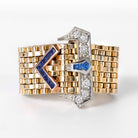 Retro 1940s Tank Belt Buckle Sapphire & Diamond 14k Gold Ring
