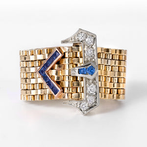 Retro 1940s Tank Belt Buckle Sapphire & Diamond 14k Gold Ring