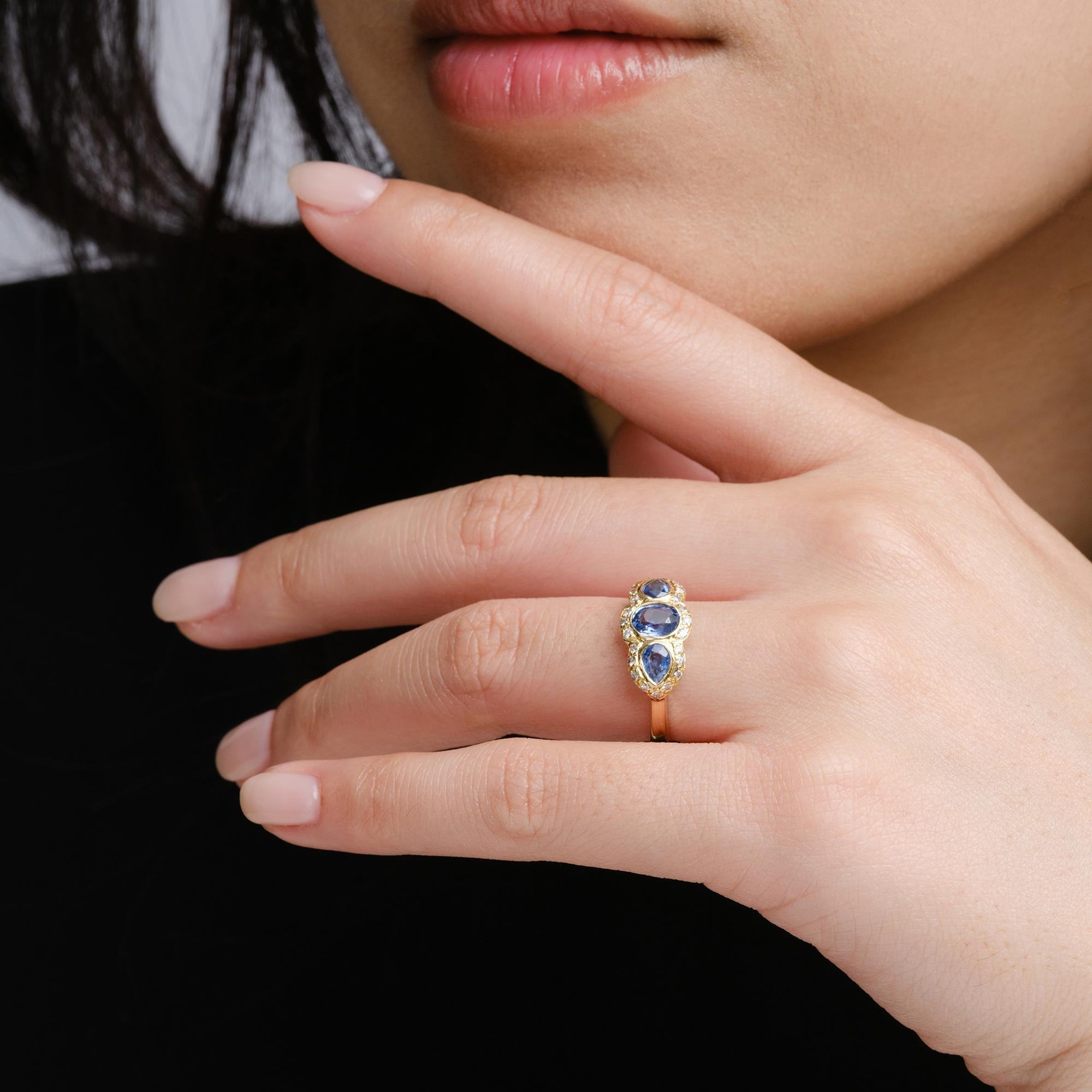 1950's English Edwardian Revival Sapphire Diamond 3-Stone 18k Gold Ring