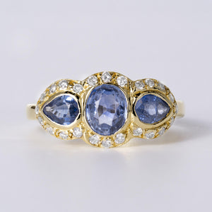 1950's English Edwardian Revival Sapphire Diamond 3-Stone 18k Gold Ring