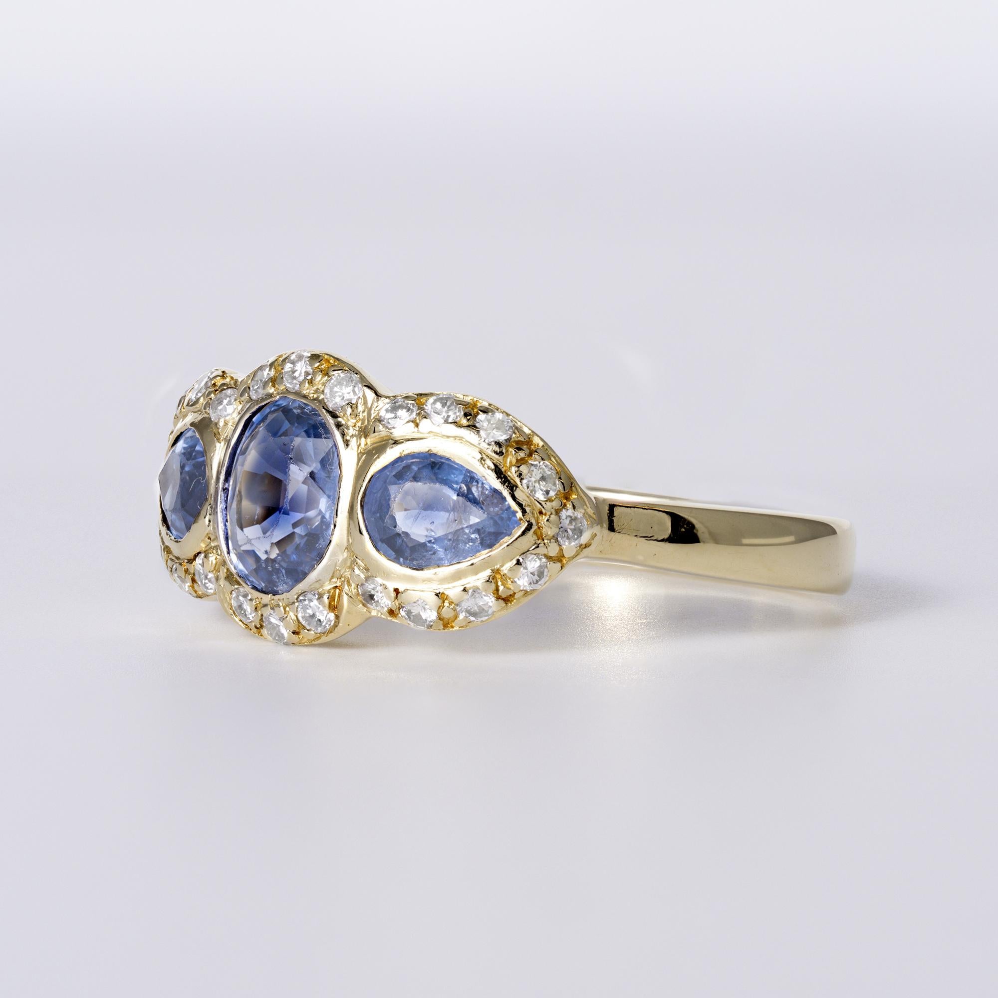 1950's English Edwardian Revival Sapphire Diamond 3-Stone 18k Gold Ring