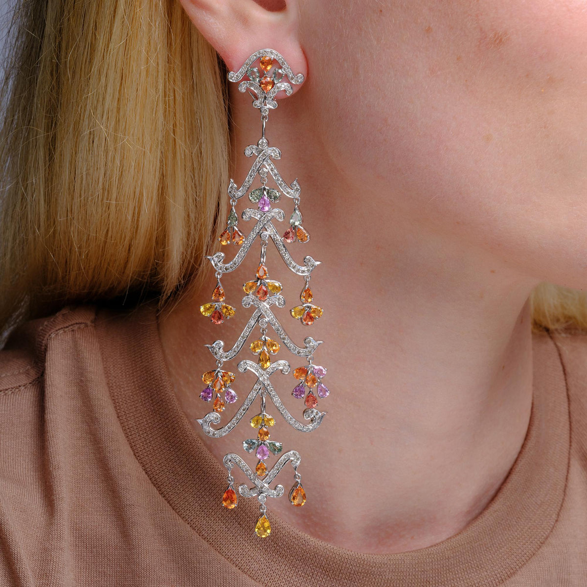 Estate 25 Carats Multicolor Sapphire Diamond Convertible Chandelier Earrings