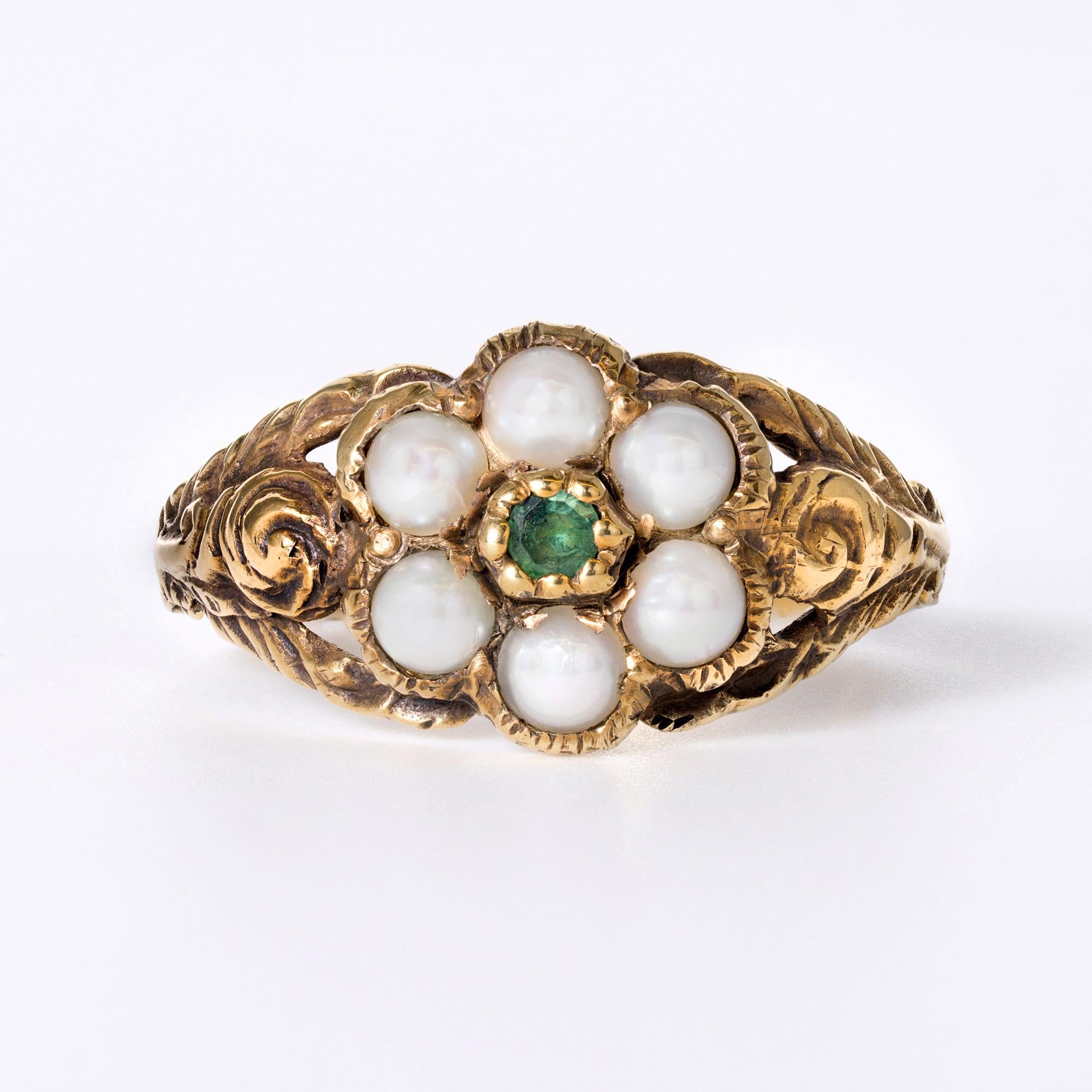 Antique Georgian Emerald & Pearl Engraved 9K Gold "Giardinetti" Floral Ring