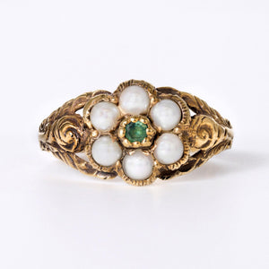 Antique Georgian Emerald & Pearl Engraved 9K Gold "Giardinetti" Floral Ring