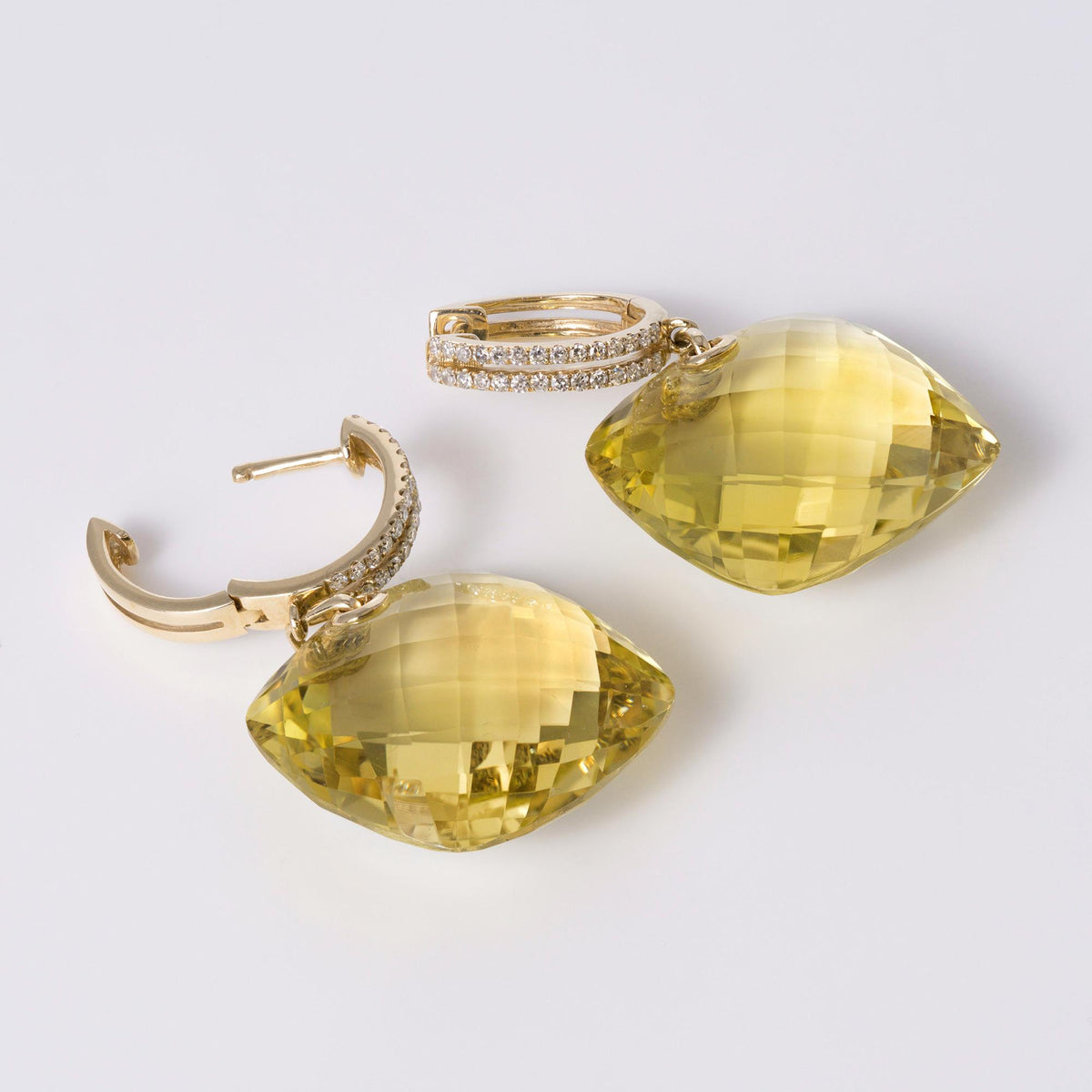 Estate 47.61ct Lemon Quartz & Diamond 14k Gold Drop Earrings