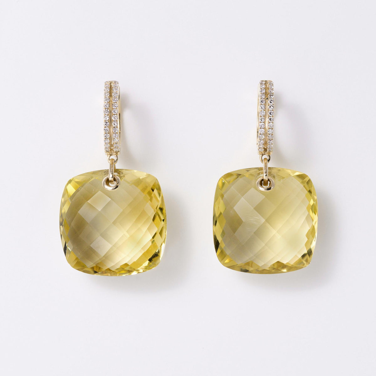 Estate 47.61ct Lemon Quartz & Diamond 14k Gold Drop Earrings