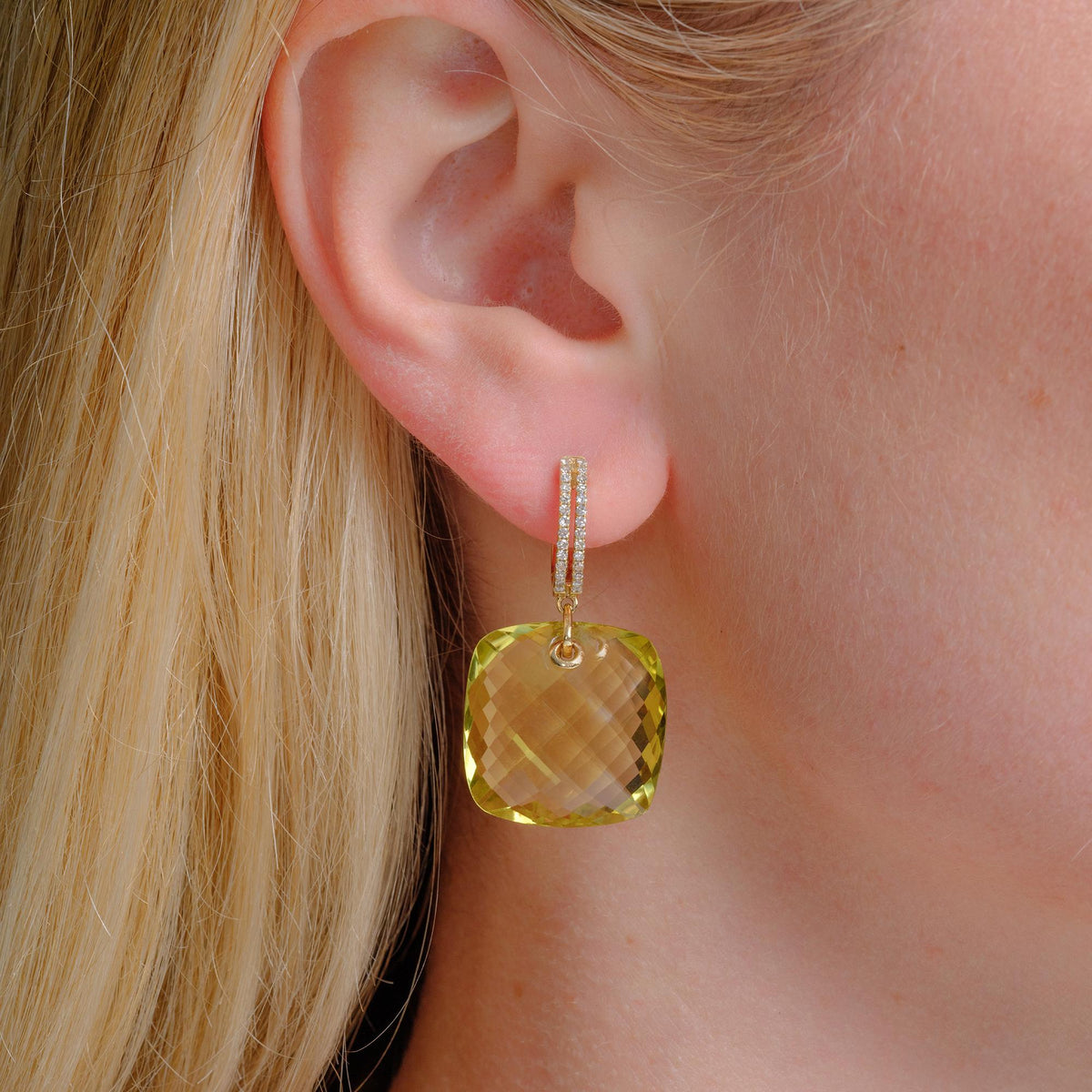 Estate 47.61ct Lemon Quartz & Diamond 14k Gold Drop Earrings