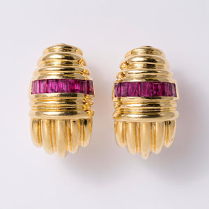 Retro Ruby 18k Yellow Gold Tank Earrings, 1940s