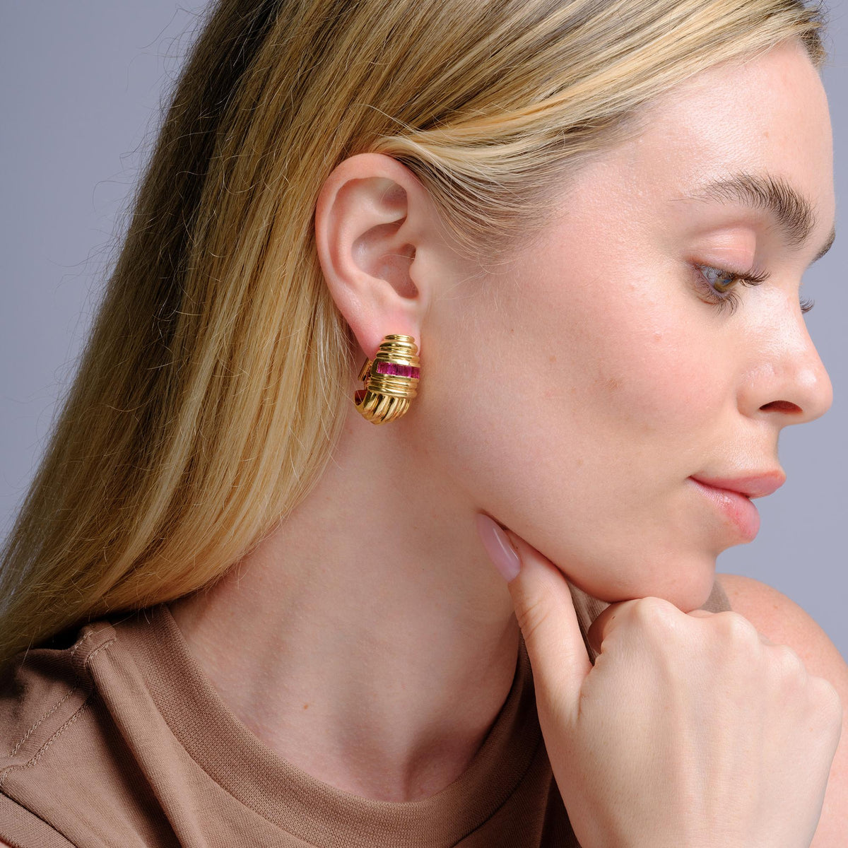 Retro Ruby 18k Yellow Gold Tank Earrings, 1940s
