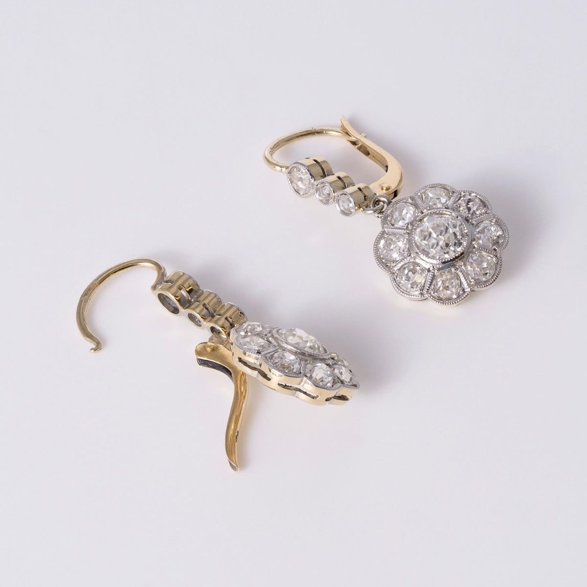 Edwardian Old Mine Diamond Plat/14k Floral Daisy Dangle Earrings