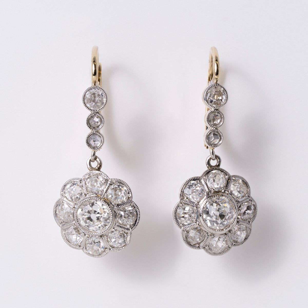 Edwardian Old Mine Diamond Plat/14k Floral Daisy Dangle Earrings