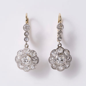 Edwardian Old Mine Diamond Plat/14k Floral Daisy Dangle Earrings