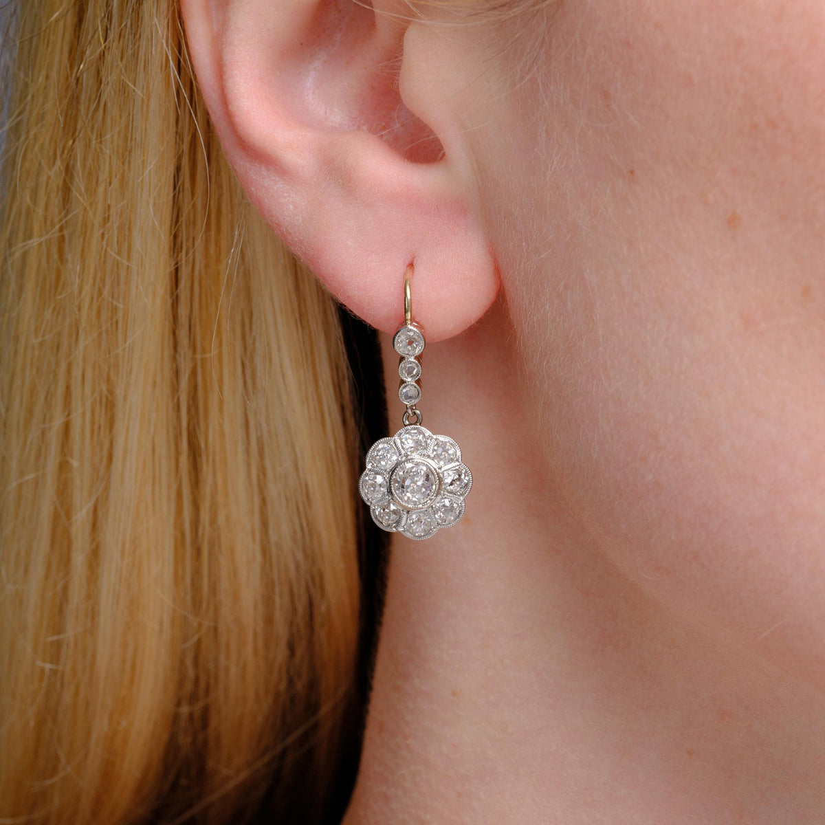 Edwardian Old Mine Diamond Plat/14k Floral Daisy Dangle Earrings