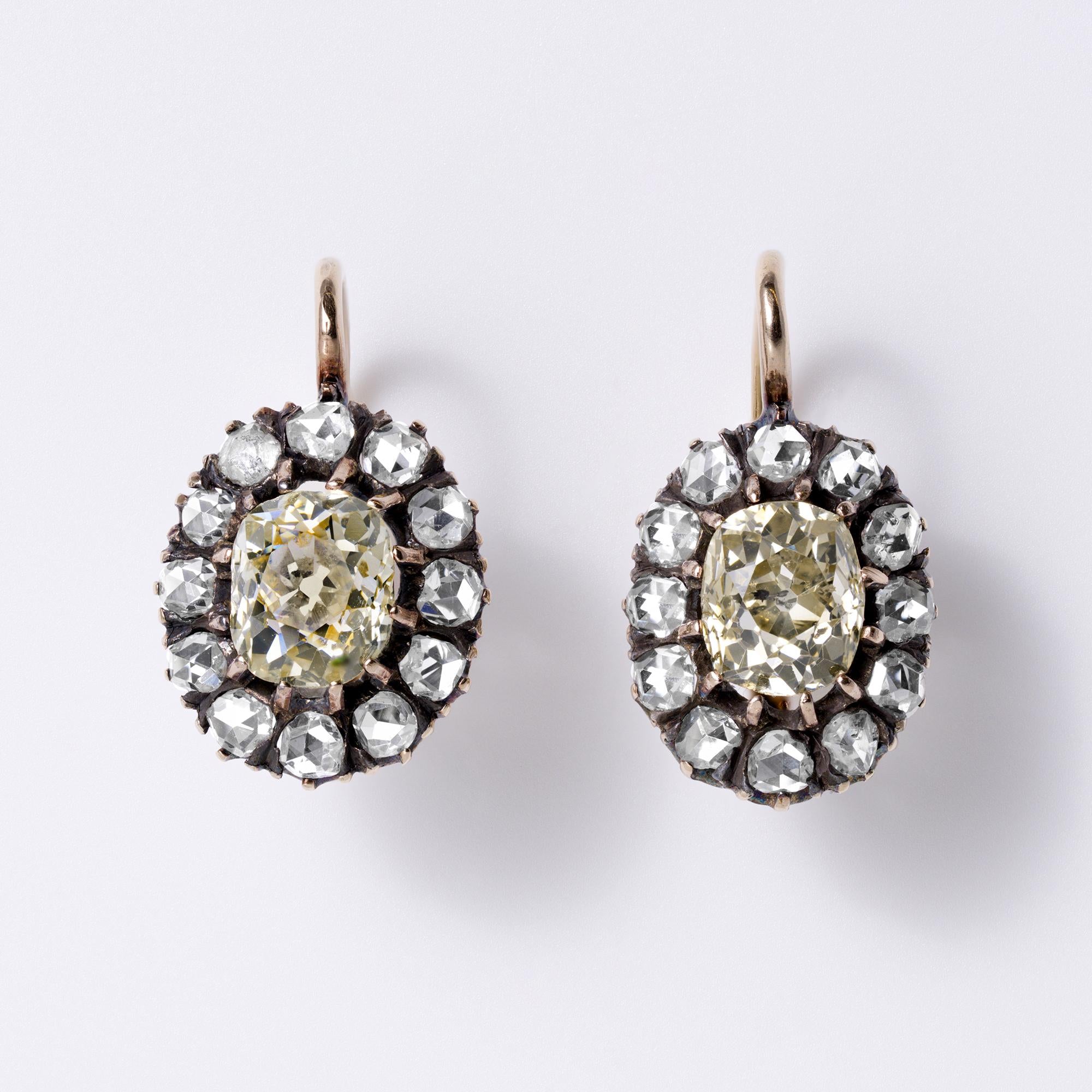Antique Victorian C. 1870 2 Carat Old Mine Cut Yellow Diamond Earrings