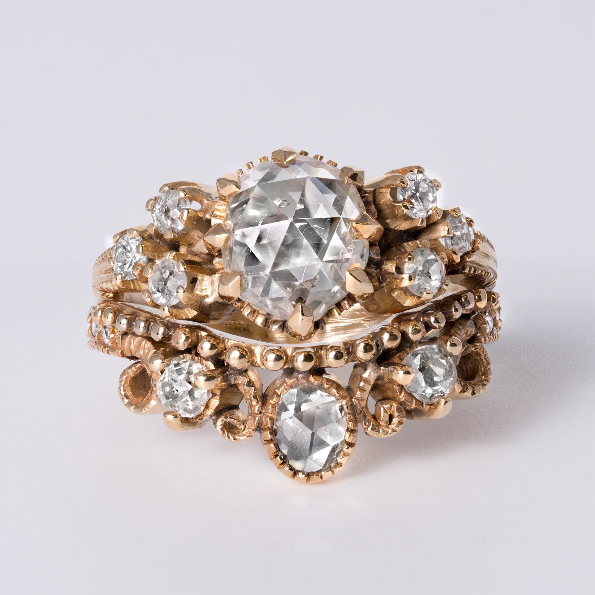Antique 2.92 Carat Rose And Old Mine Cut Diamond 18k Gold Engagement Ring
