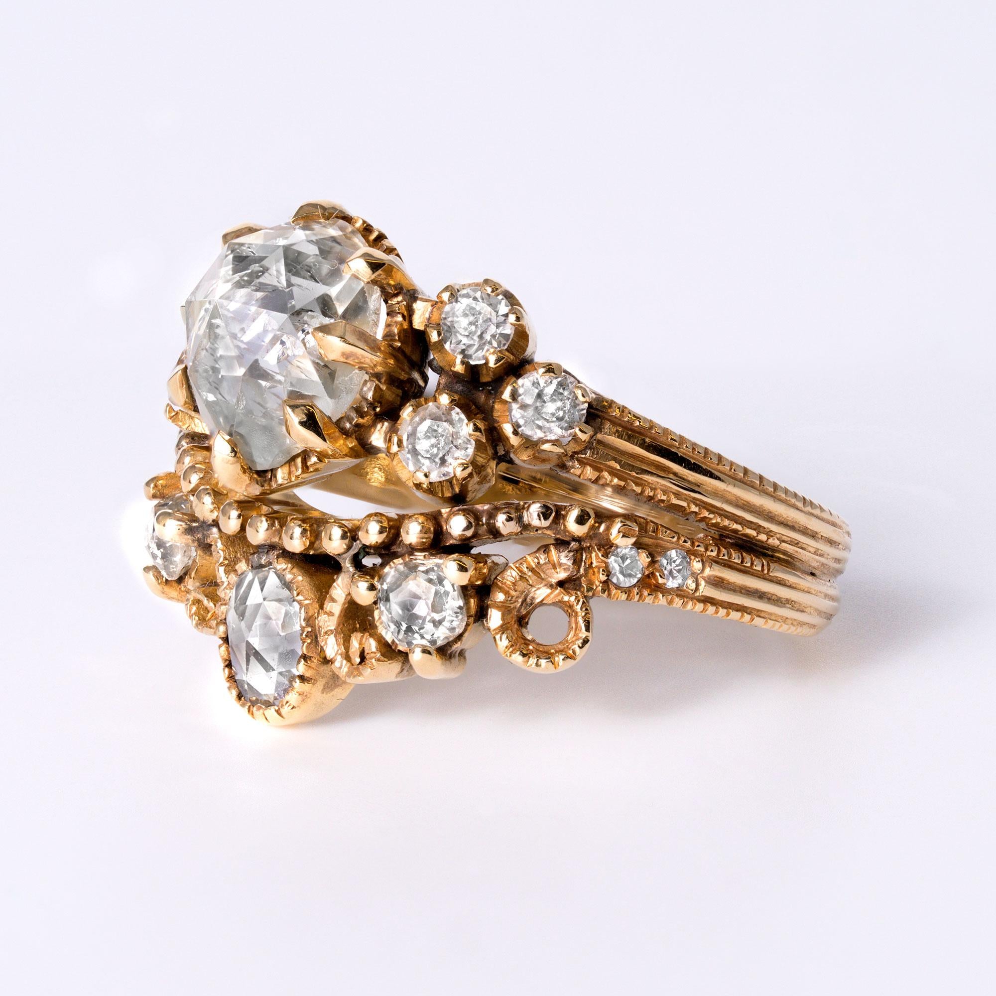 Antique 2.92 Carat Rose And Old Mine Cut Diamond 18k Gold Engagement Ring
