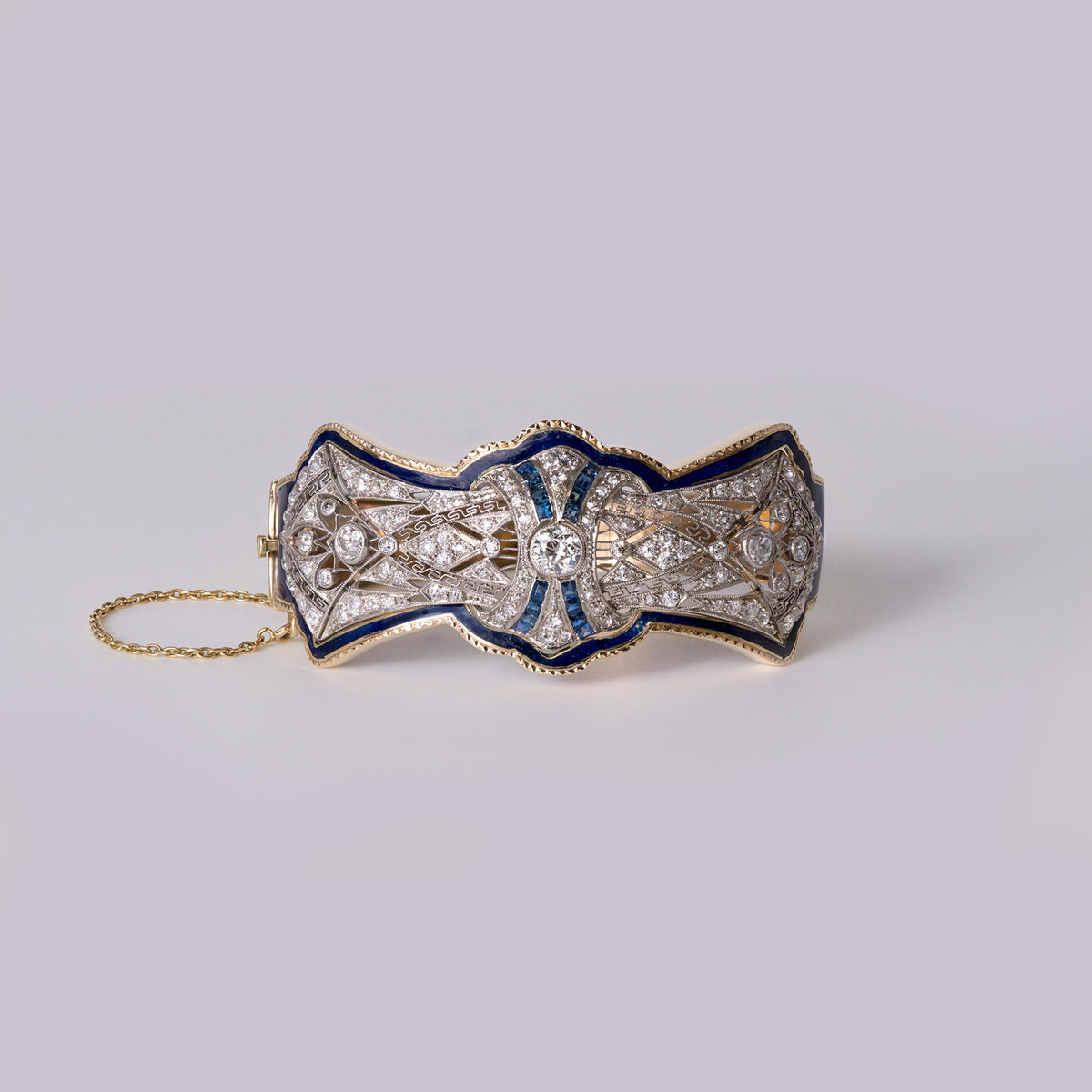 Antique Edwardian 5 Carat Diamond & Sapphire Enamel Bangle Cuff Bracelet