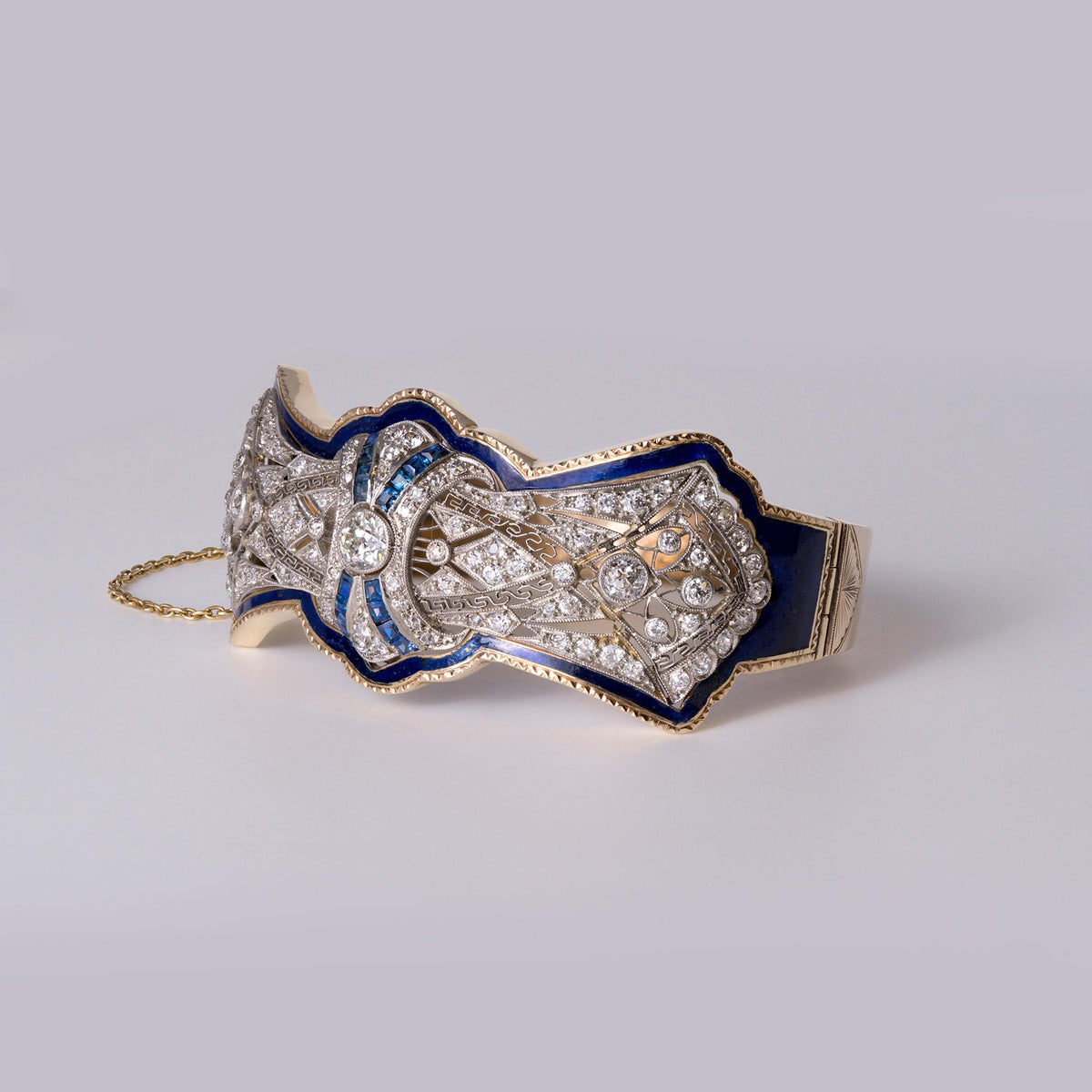Antique Edwardian 5 Carat Diamond & Sapphire Enamel Bangle Cuff Bracelet