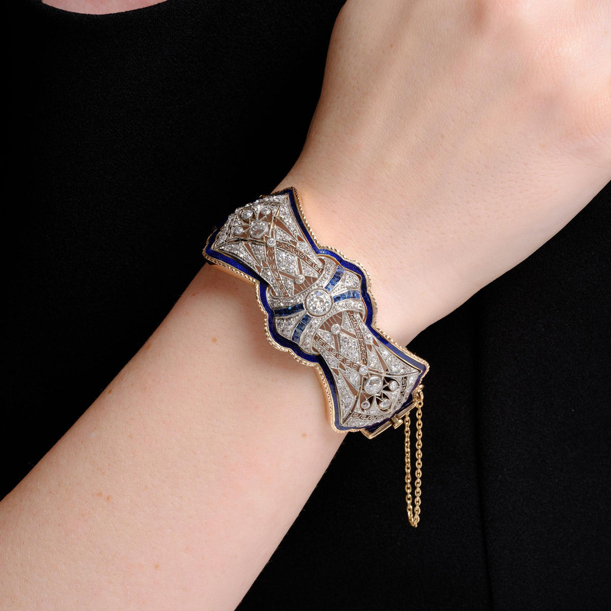 Antique Edwardian 5 Carat Diamond & Sapphire Enamel Bangle Cuff Bracelet